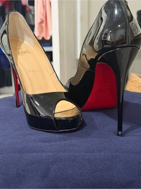 Christian Louboutin Black Patent Peep-Toe Platform Stiletto with Red Sole